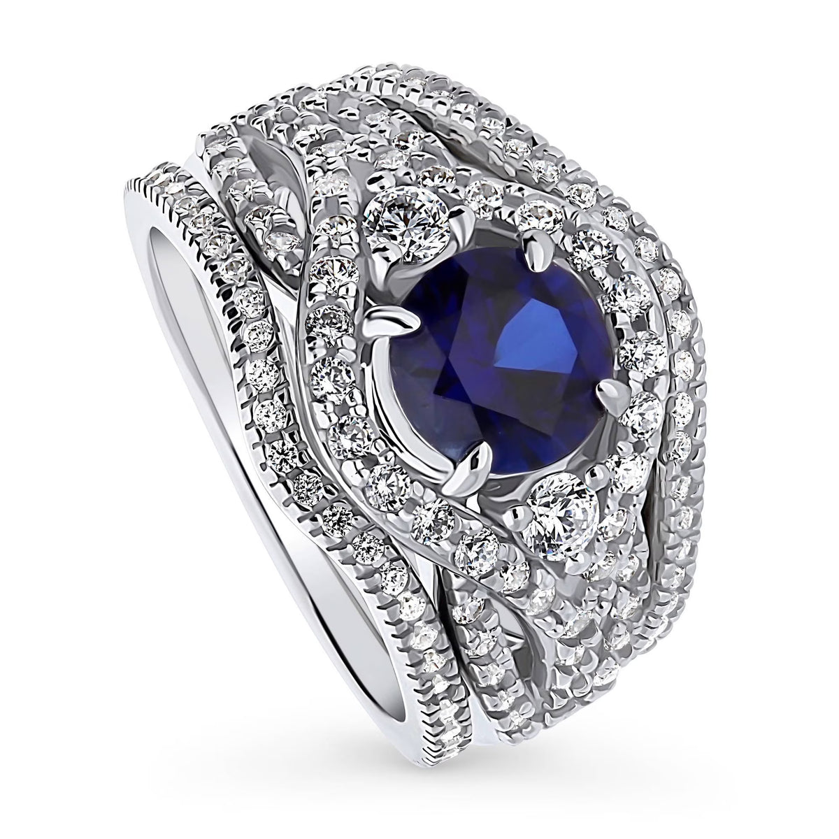Sterling Silver Simulated Blue Sapphire CZ Halo Ring Set, Rhodium Plated Size 6 V87408
