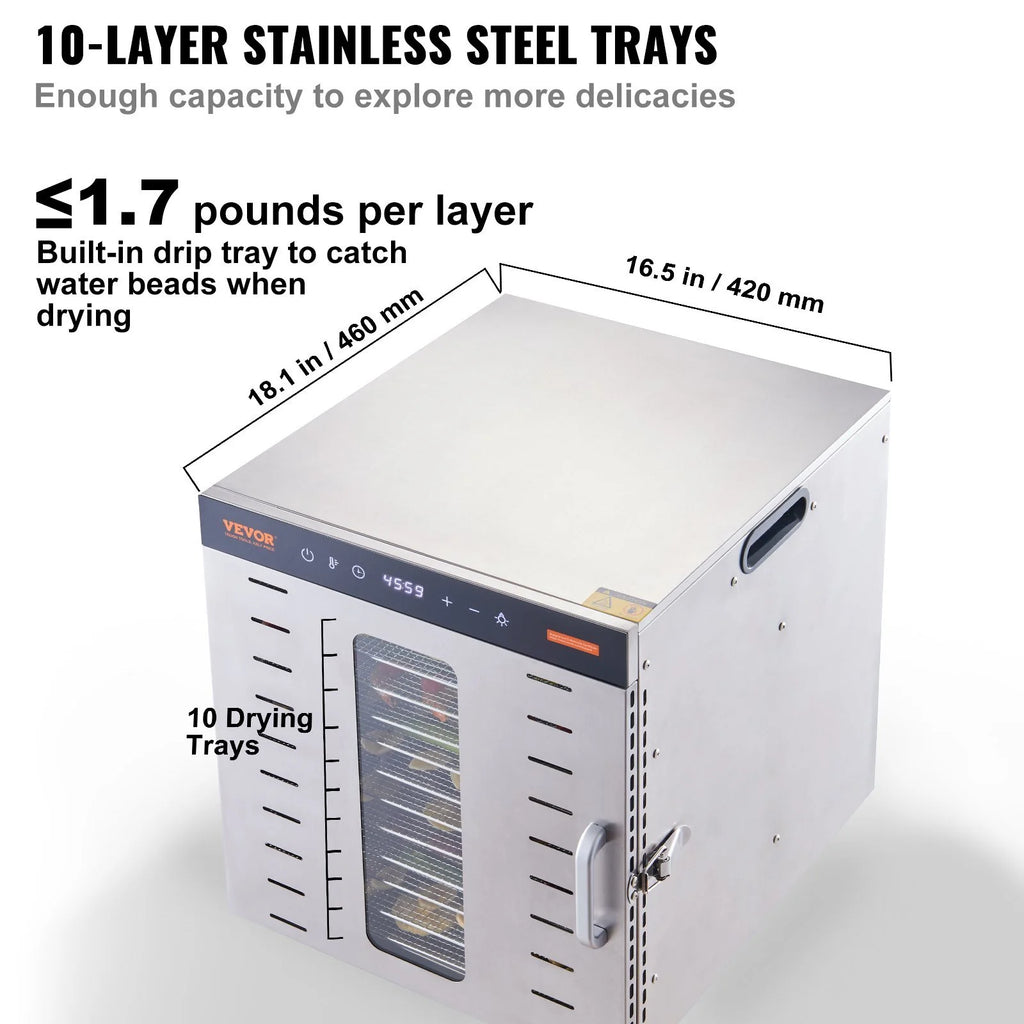 Food Dehydrator Machine, 10 Stainless Steel Trays, 1000W Electric Food Dryer S28767