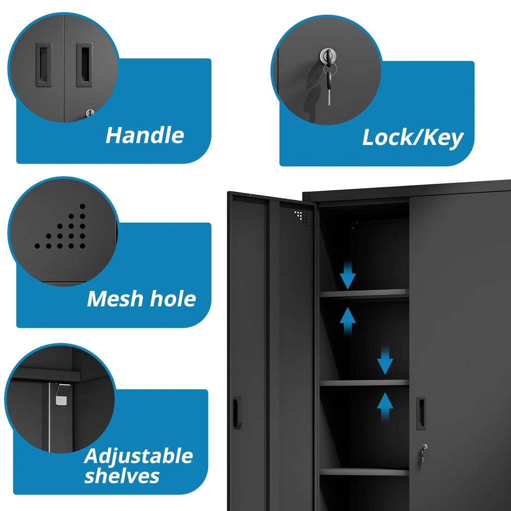 Black Metal Storage Cabinet with Doors and Adjustable Shelves J385