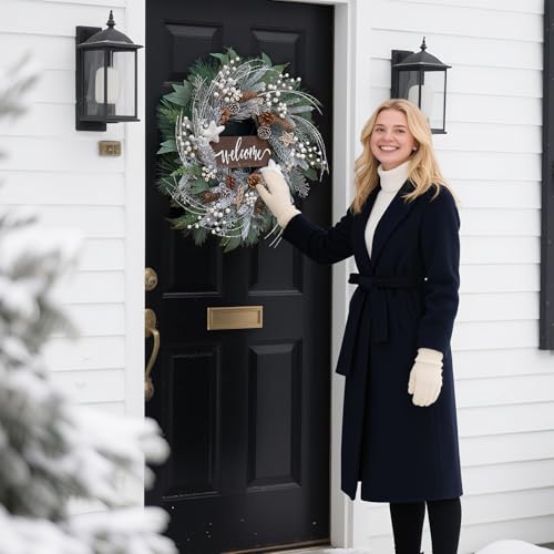 24 Inch Artificial Outdoor Christmas Wreath with Pinecones, White Berries and Welcome Sign D425956