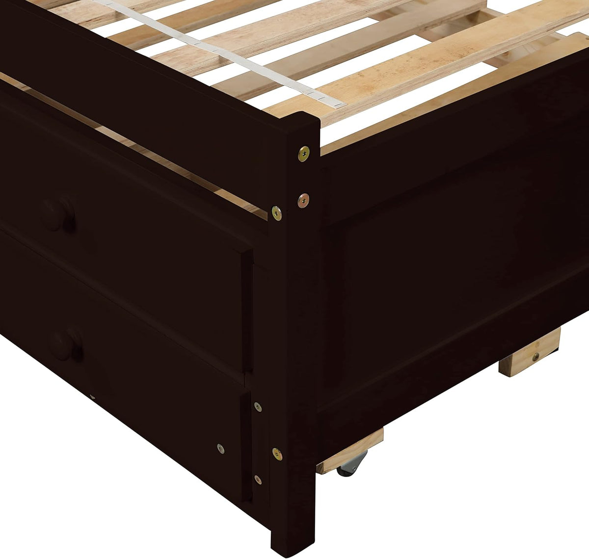 Twin Wood Captain’s Bed with Bookcase Headboard, Trundle and 3 Drawers, Espresso D734224