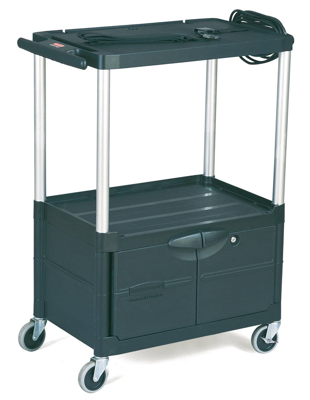 Black Three-Shelf AV Cart with Cabinet H2382