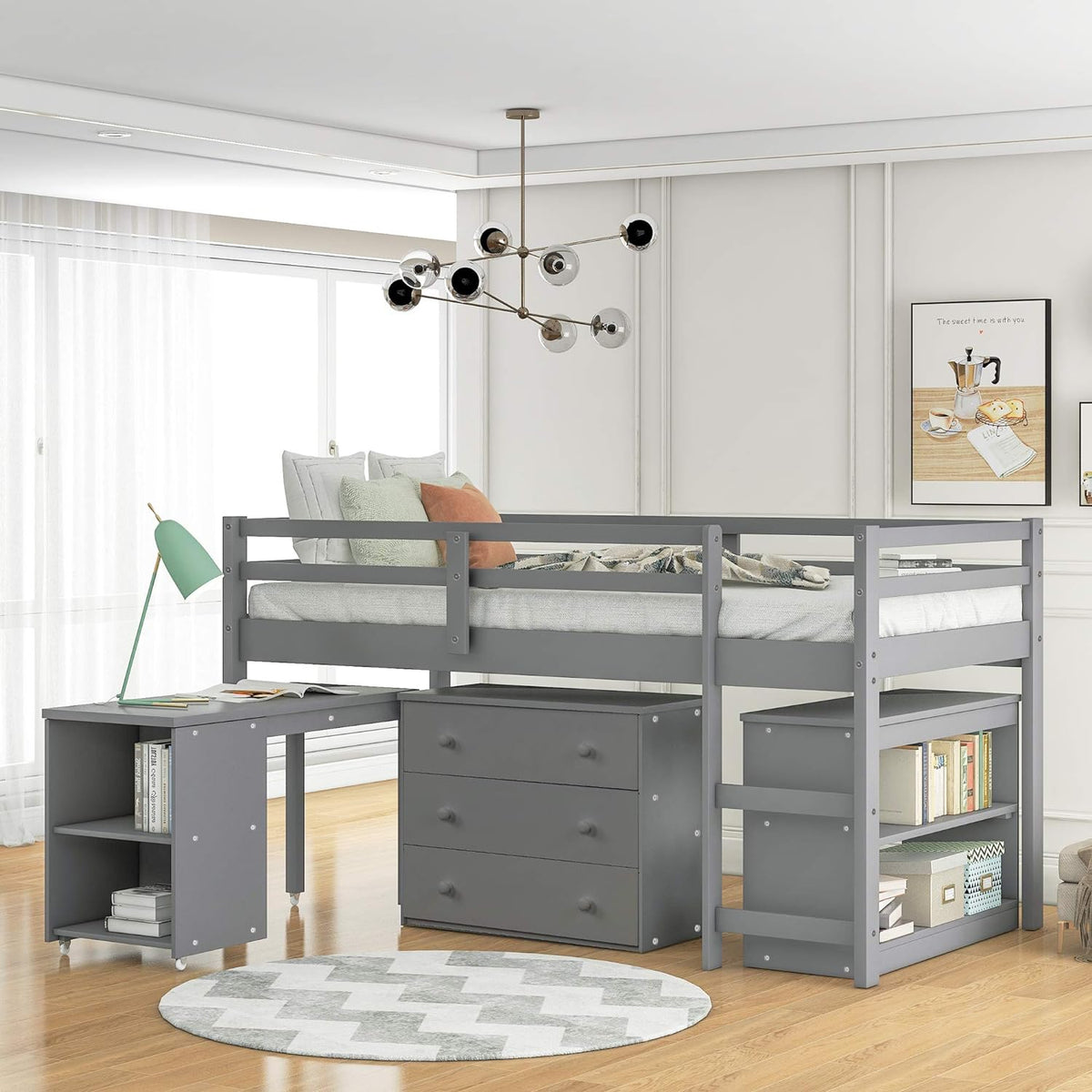 Grey Wooden Twin Loft Bed with Storage Drawers E691091