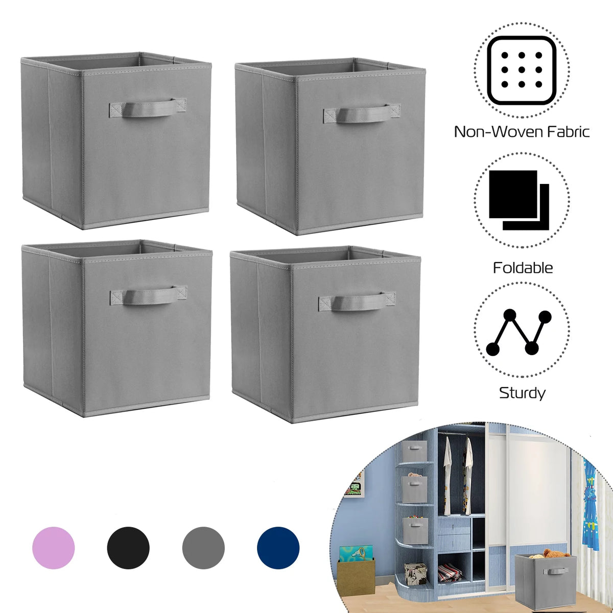 4 Pack Collapsible Fabric Storage Cubes with Handles R8698