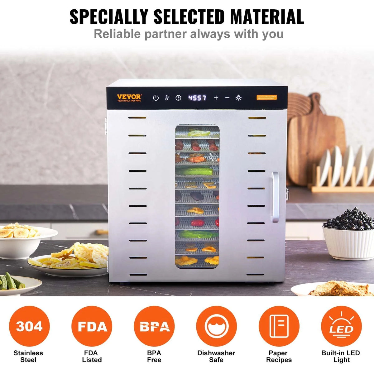 Food Dehydrator Machine, 10 Stainless Steel Trays, 1000W Electric Food Dryer S28767