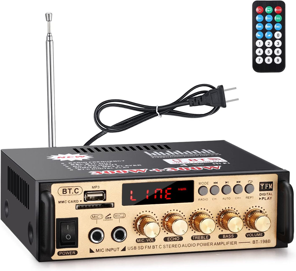 300W+300W Dual Channel Bluetooth 5.0 Stereo Audio Amplifier with Remote Controller, Pack of 2 P507842