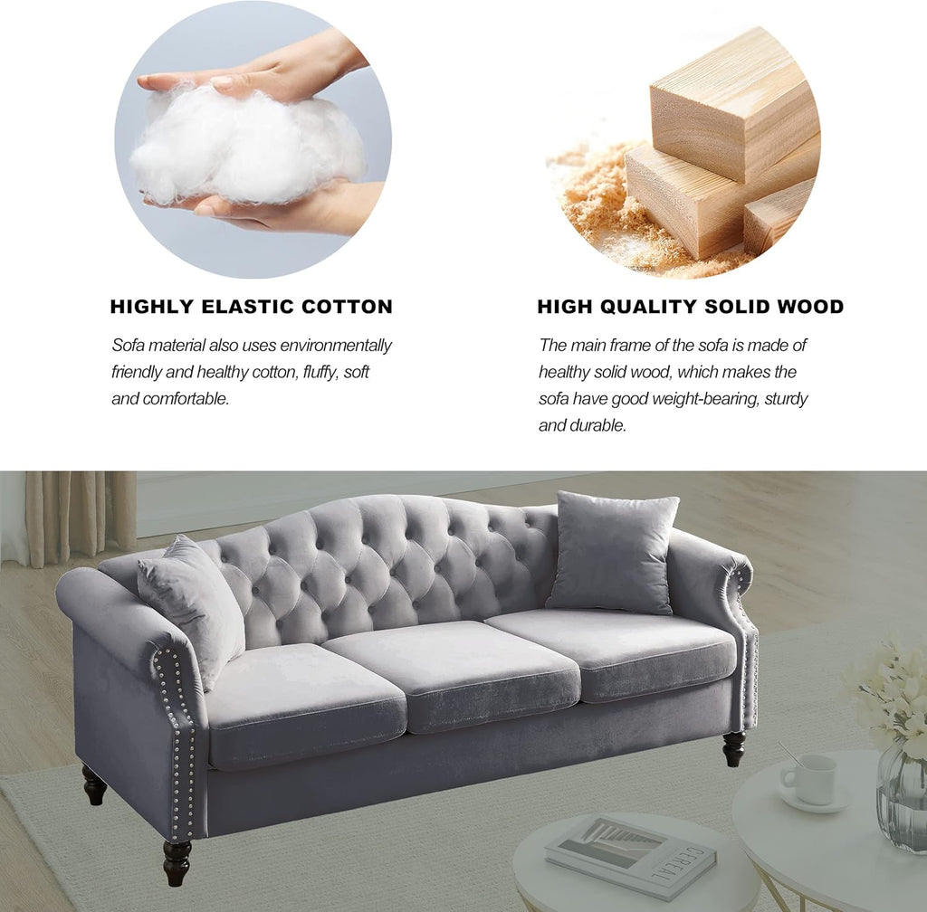 Grey Velvet 3 Seater Chesterfield Sofa X9998