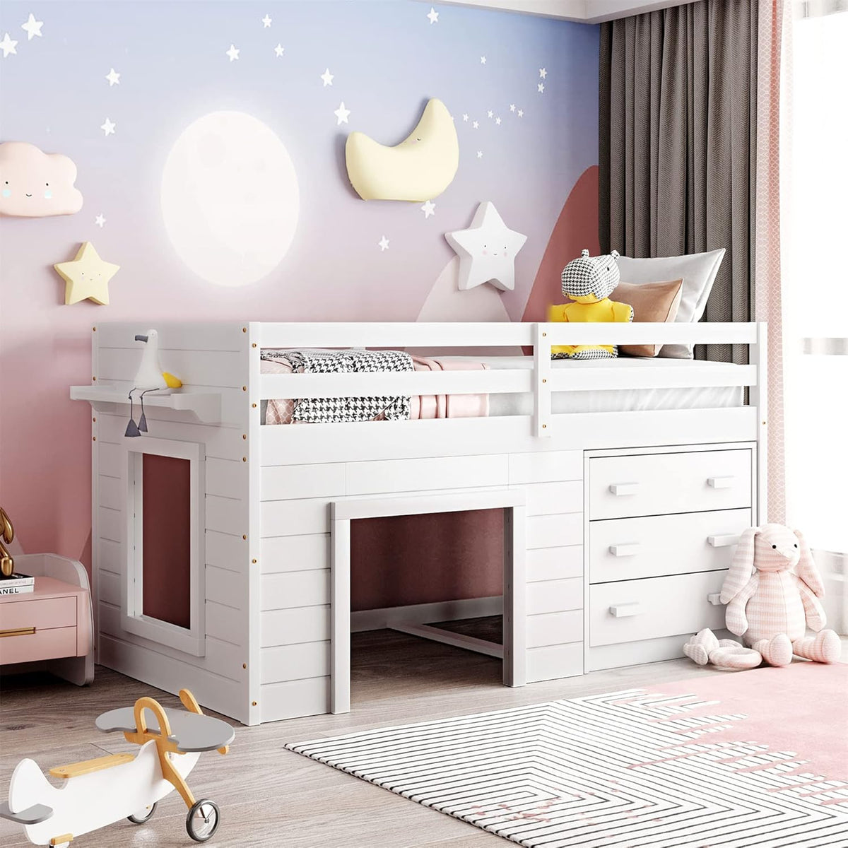 Grey Wooden Twin Loft Bed with Storage Drawers E691091