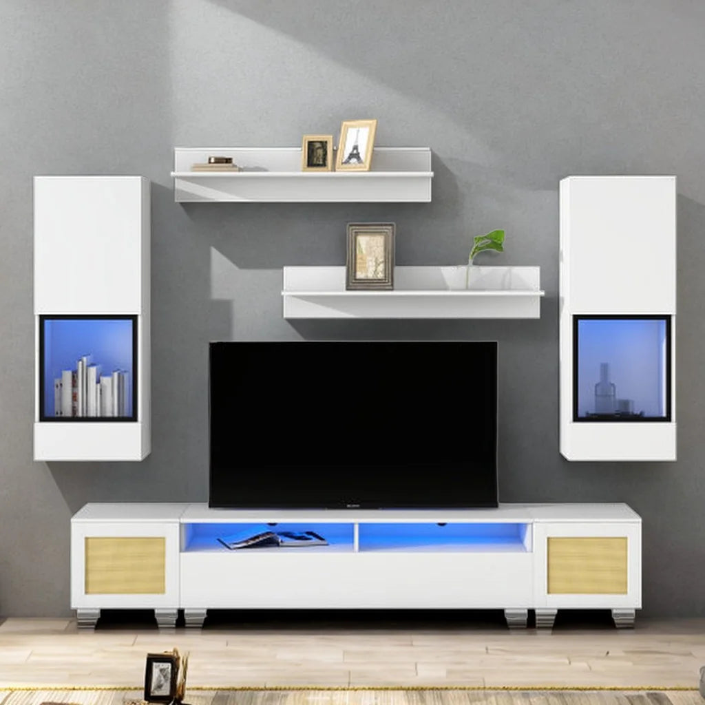 White 7 Pieces Floating TV Stand with LED Lights K881237