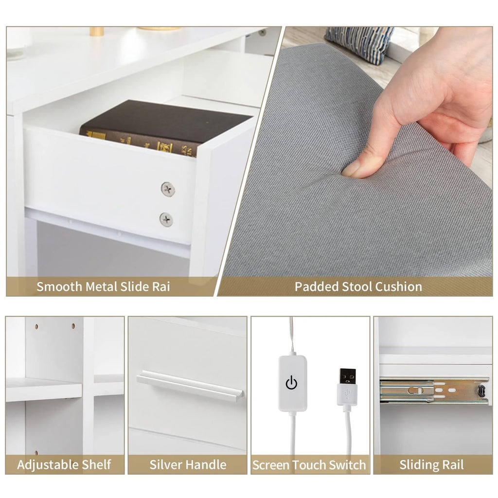 White 5 Drawer Lighted Mirror Vanity Makeup Table Set E8844