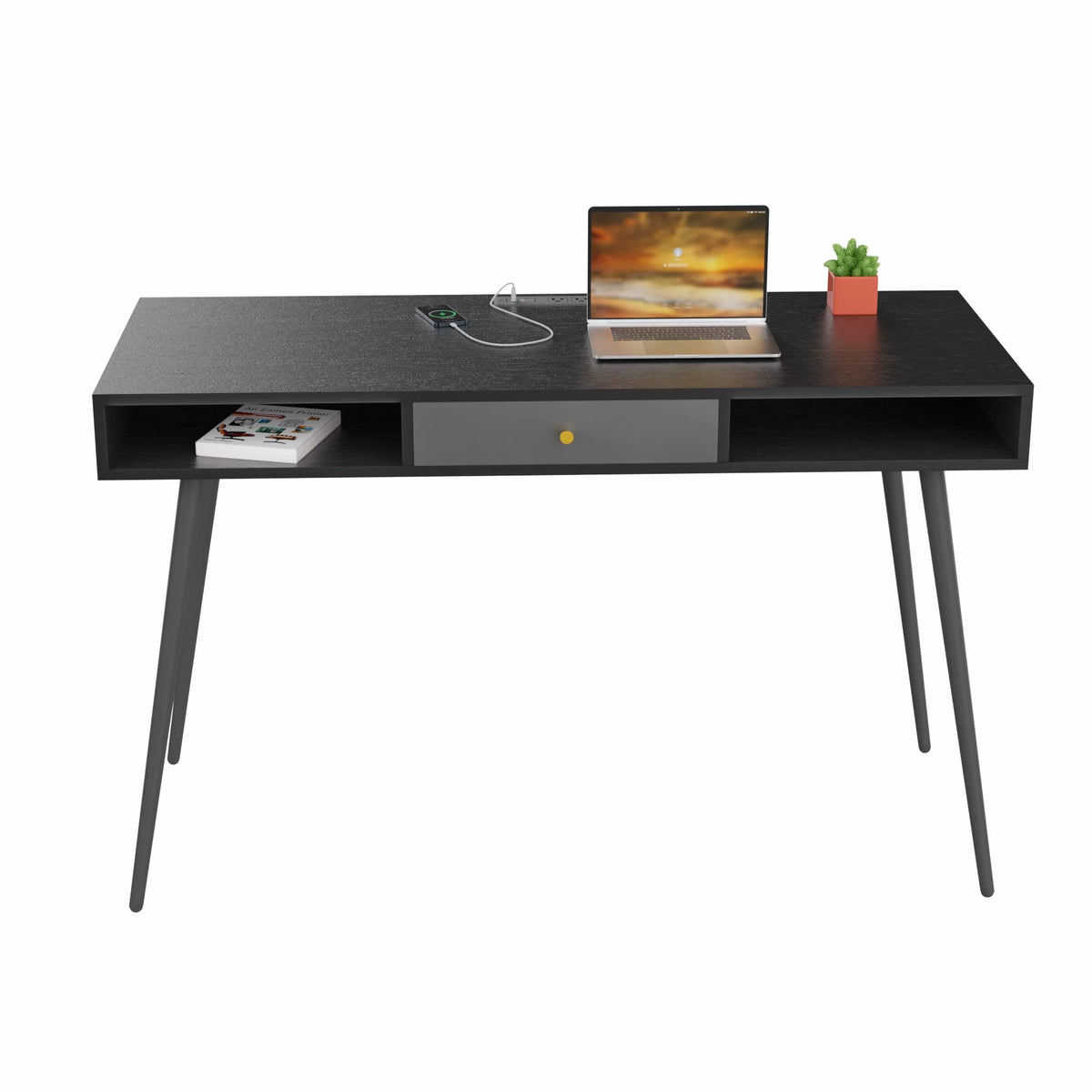Black Writing Desk with Power Outlet and Drawer T9724