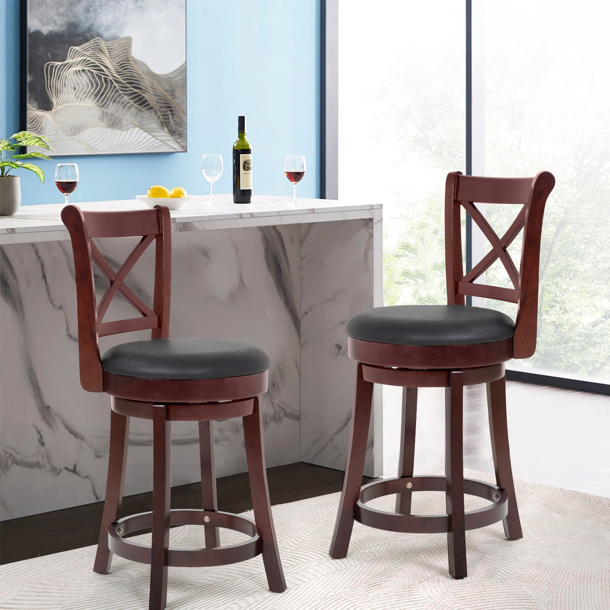 Brown Wooden Low Back Bar Stools with 360 Degree Swivel and PU Leather Upholstery N66081