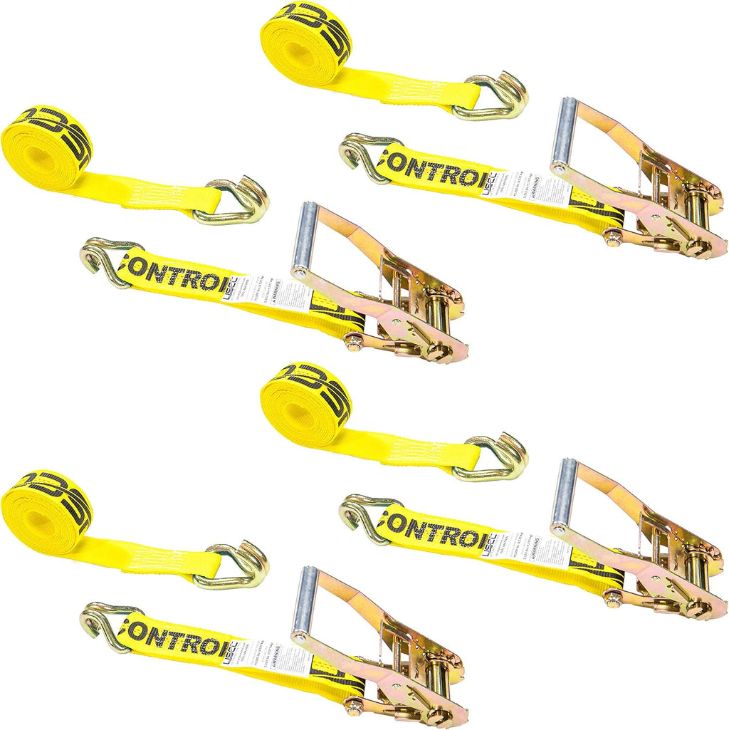 2 Inch x 12 Foot Yellow Ratchet Straps with Double J Hooks - 4 Pack U45784