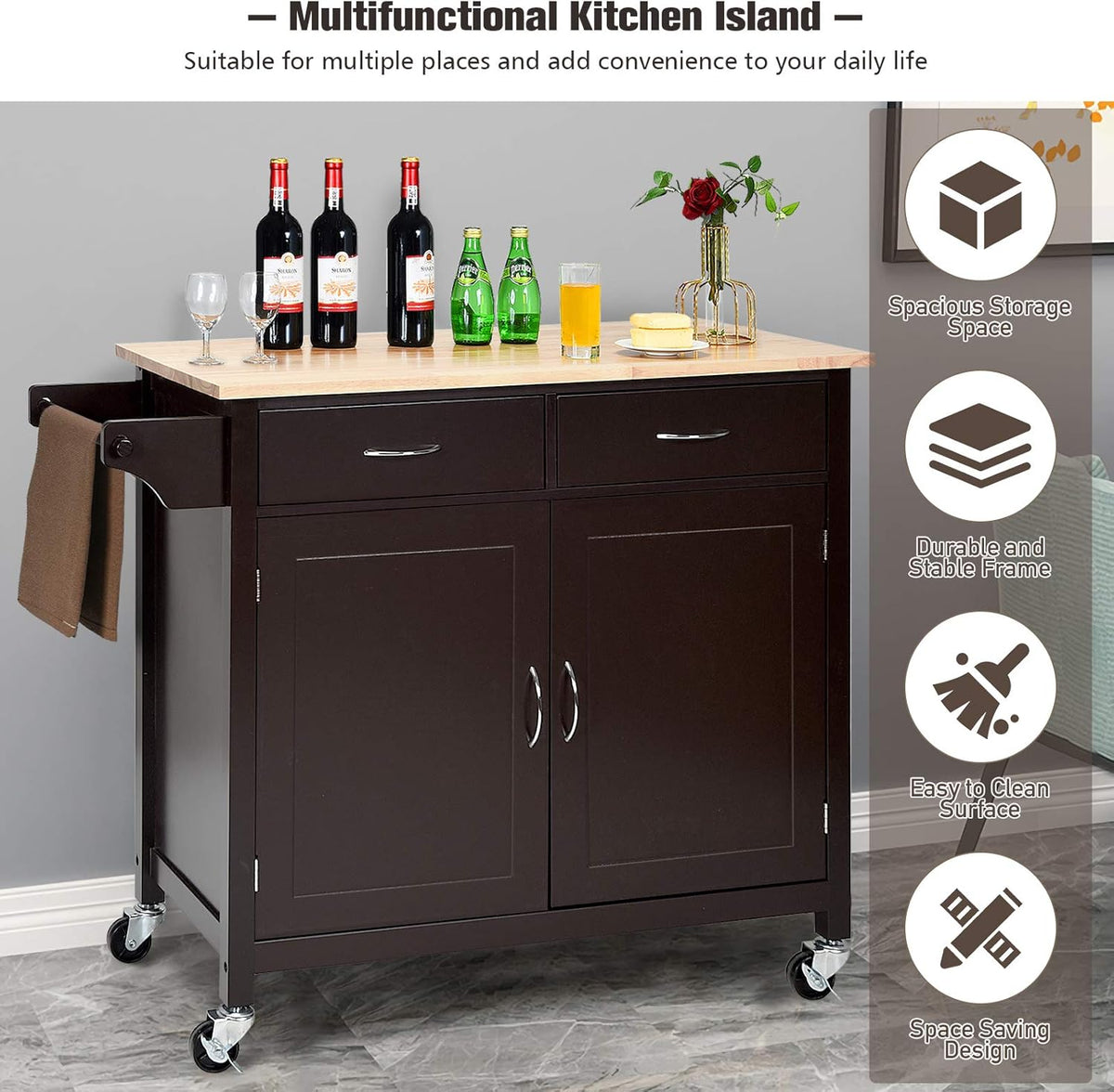 Rolling Kitchen Island Cart with Rubber Wood Top and Storage Drawers I6219