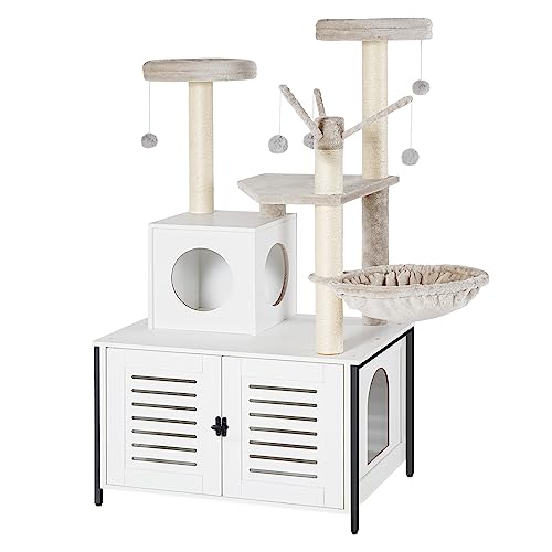 Greige Wooden Cat Tree with Litter Box Enclosure, 27.6" L x 18.9" W x 52" H Z988