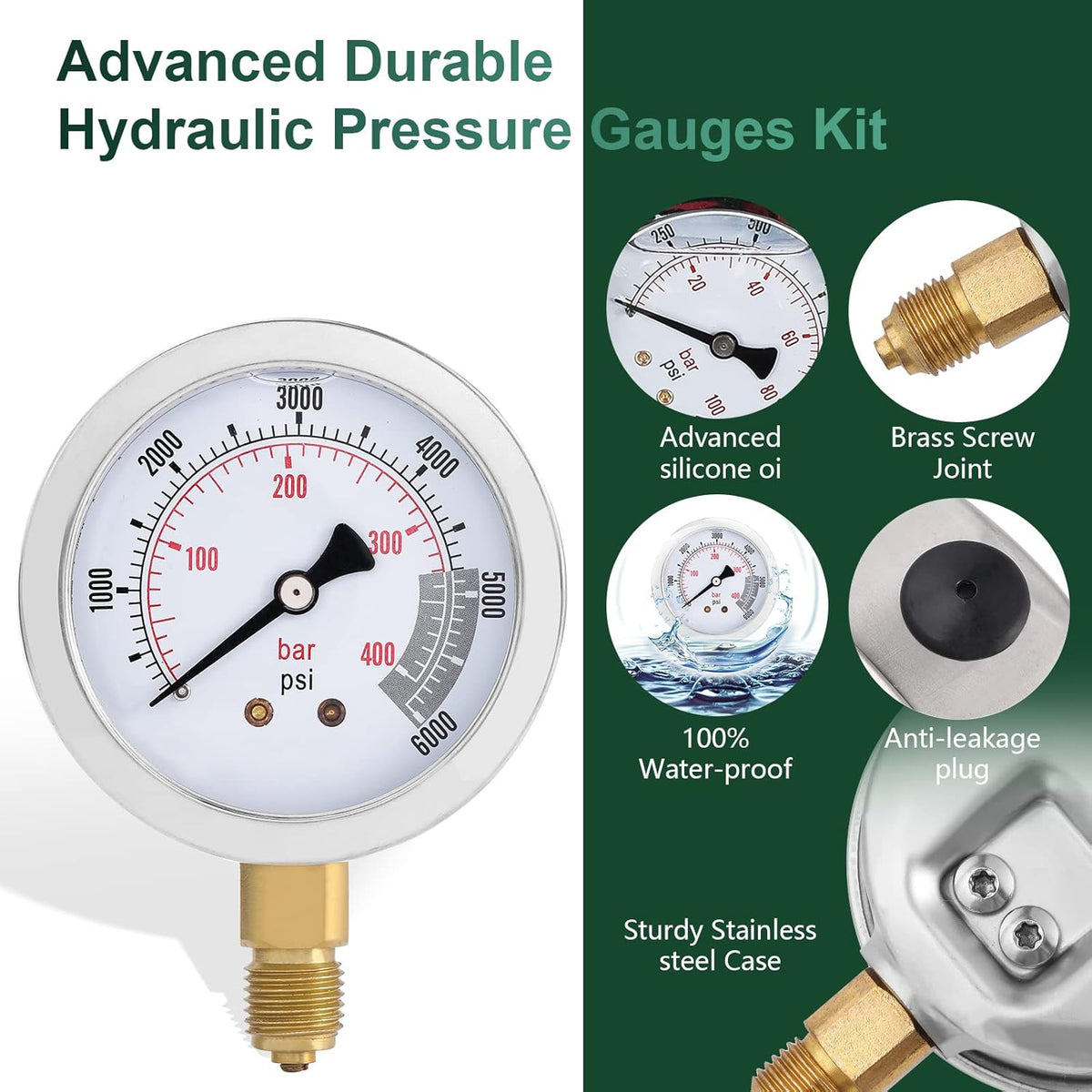 Hydraulic Pressure Gauges Kit with 4 Pressure Gauges 10 Couplings 3 Test Hoses J89487