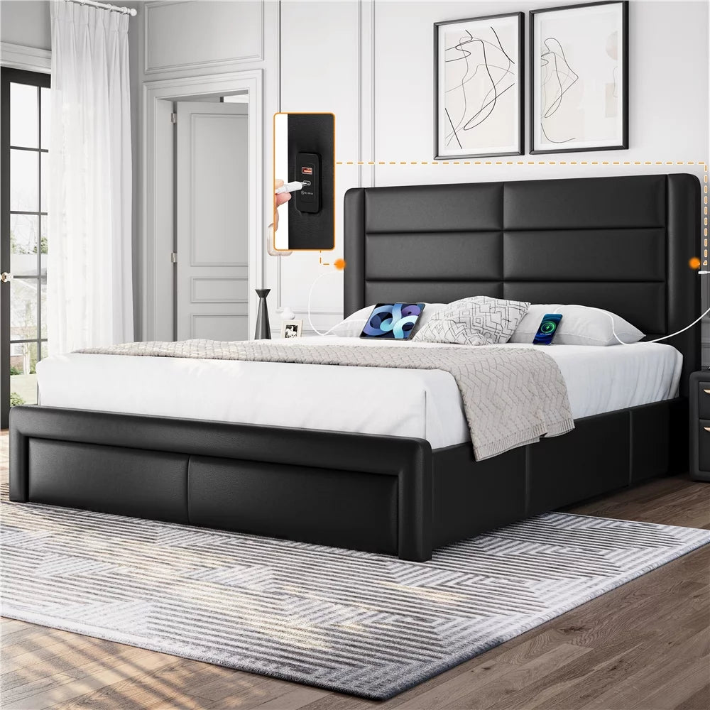 Black Queen Upholstered Platform Bed with 3 Storage Drawers M706236