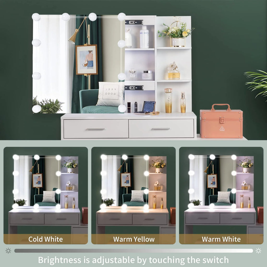 White 5 Drawer Lighted Mirror Vanity Makeup Table Set E8844