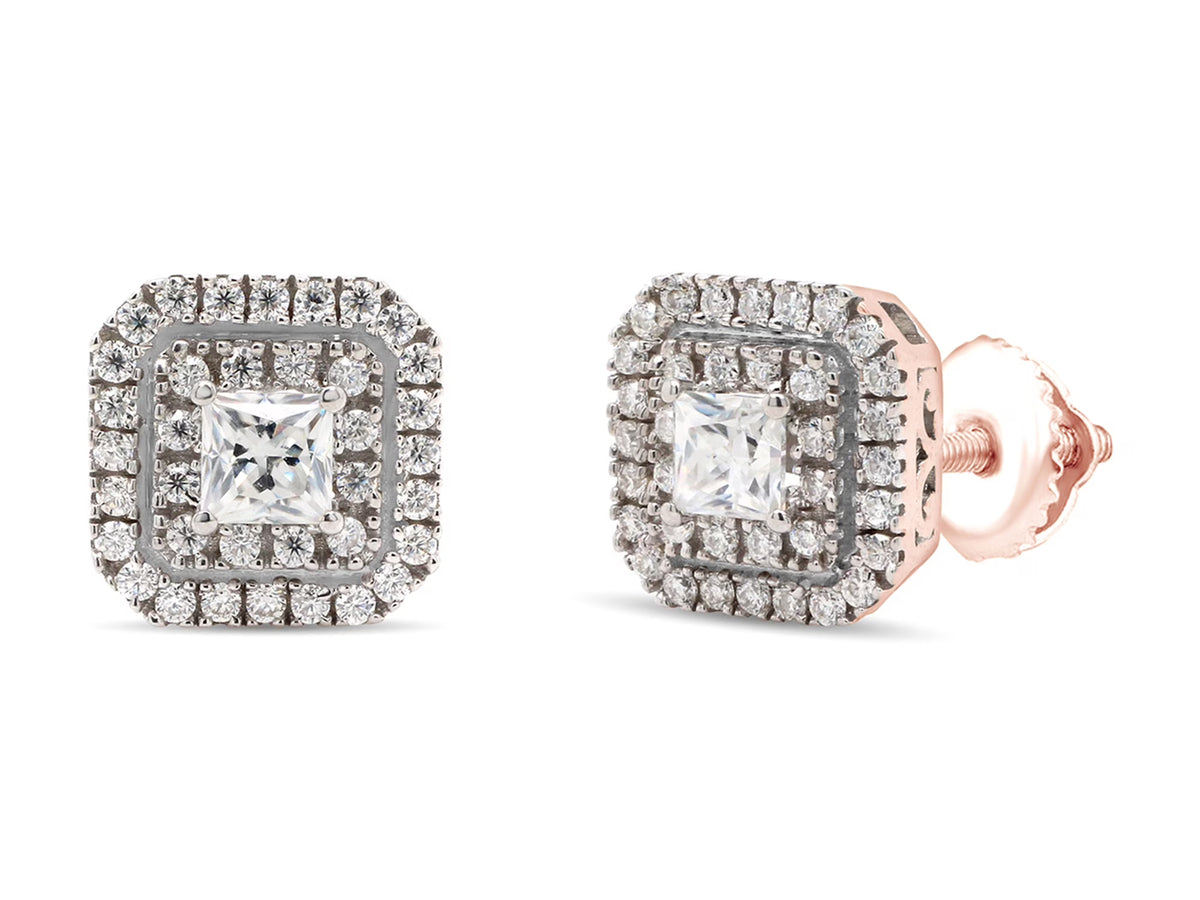 1 Carat Princess & Round Cut Lab Created Moissanite Double Halo Stud Earrings In 14K Rose Gold Over Sterling Silver F301