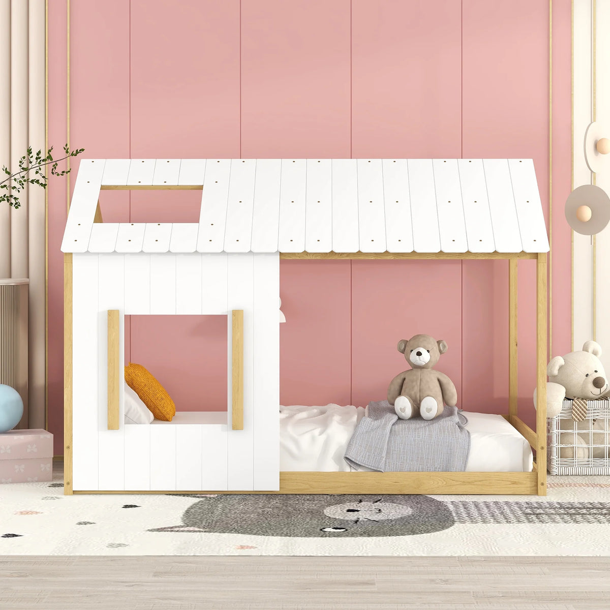 Twin Size Wood House Bed with Roof and Windows G6720