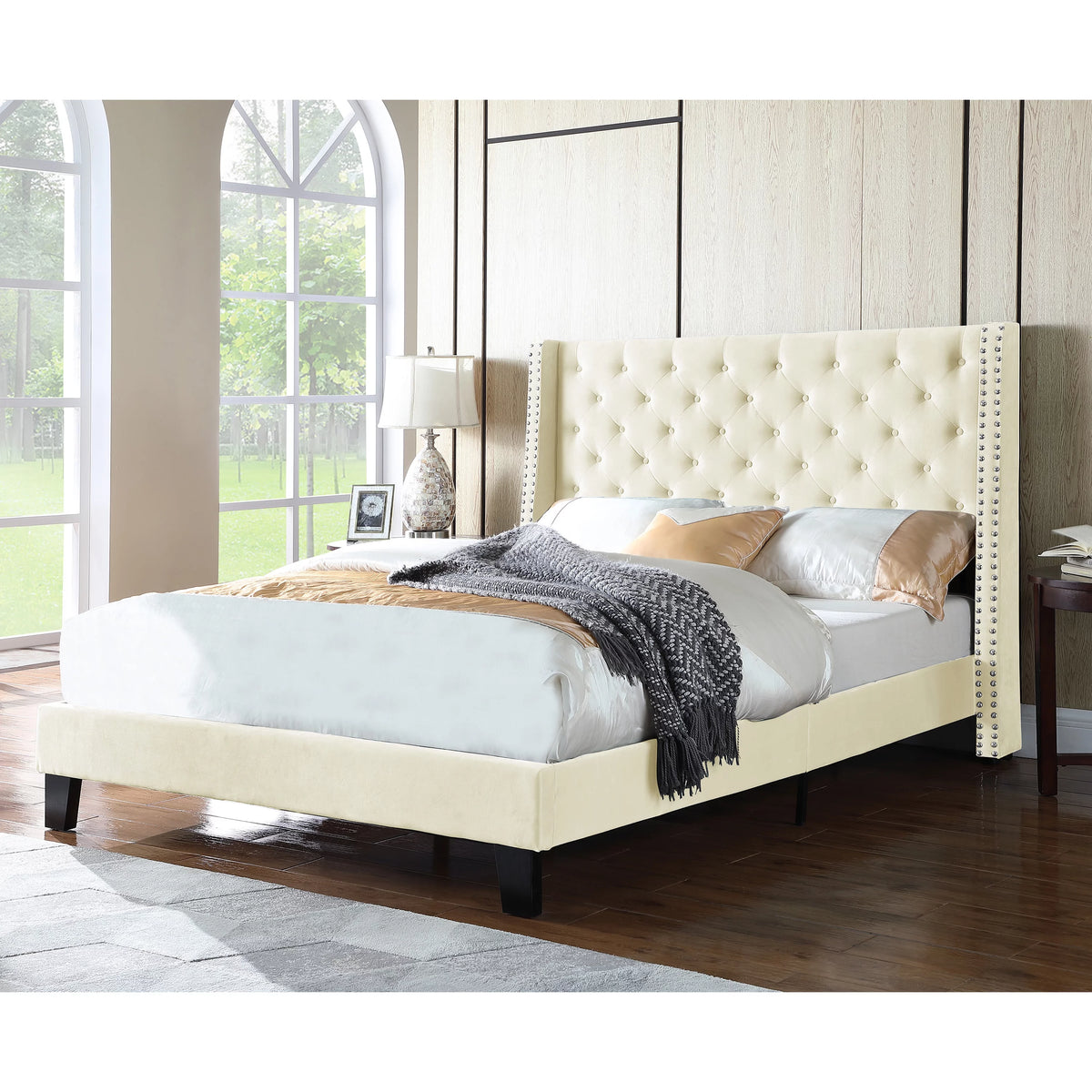 Beige Queen Polyester Platform Bed with Nailhead Trim C519152