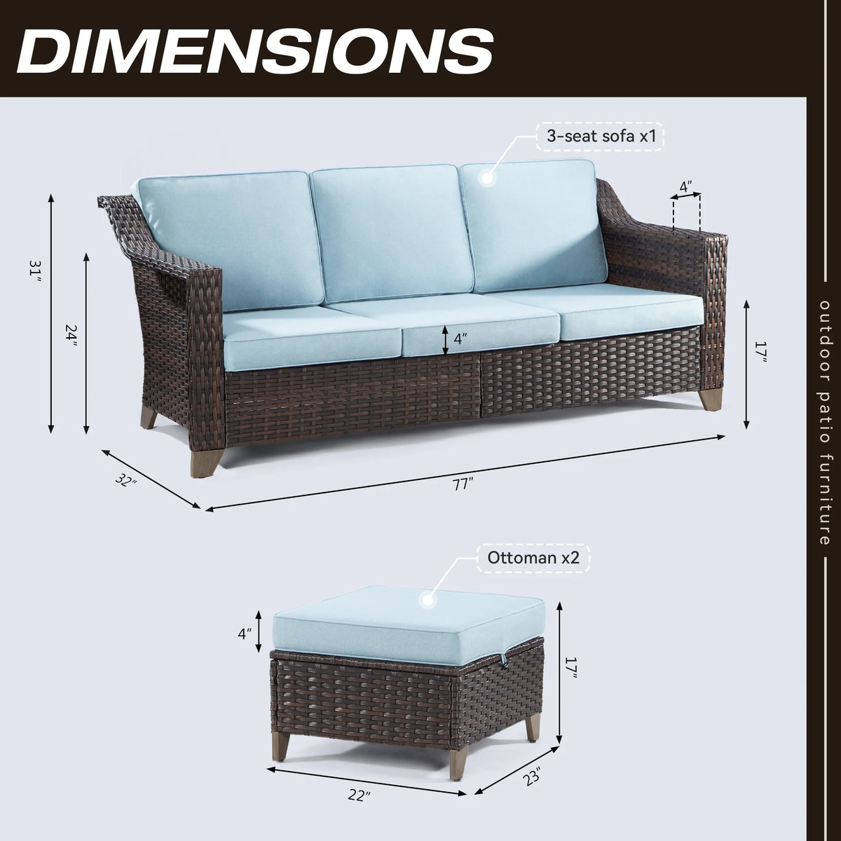 3 Pieces Outdoor Patio Wicker Conversation Set with Cushions, Sky Blue L3671