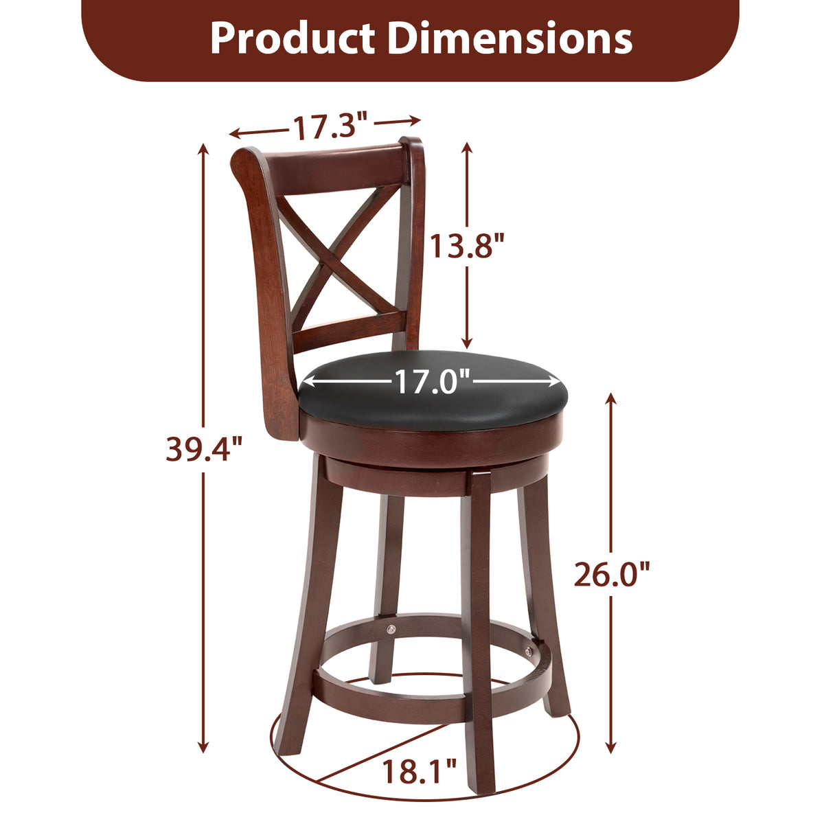 Brown Wooden Low Back Bar Stools with 360 Degree Swivel and PU Leather Upholstery N66081