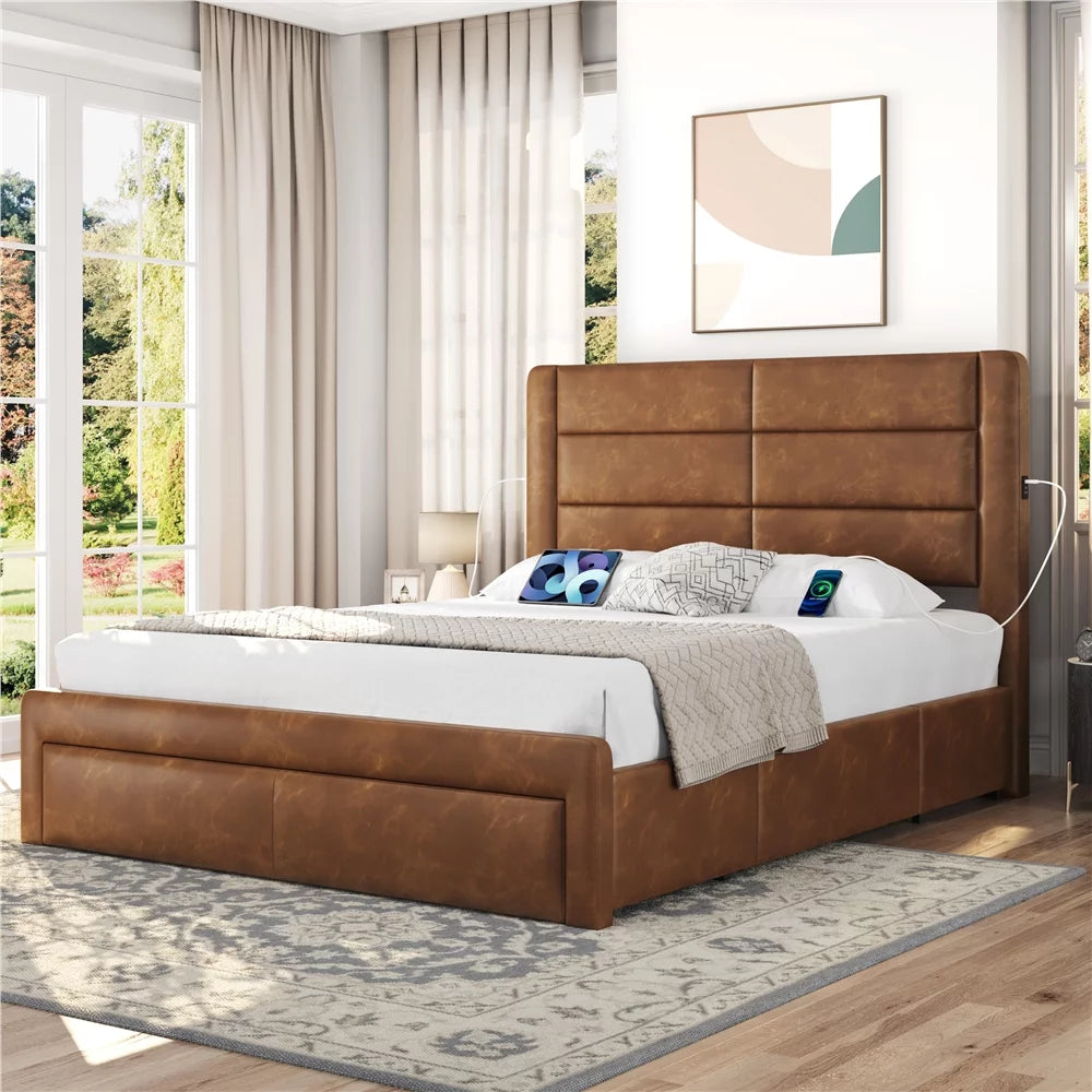 Black Queen Upholstered Platform Bed with 3 Storage Drawers M706236