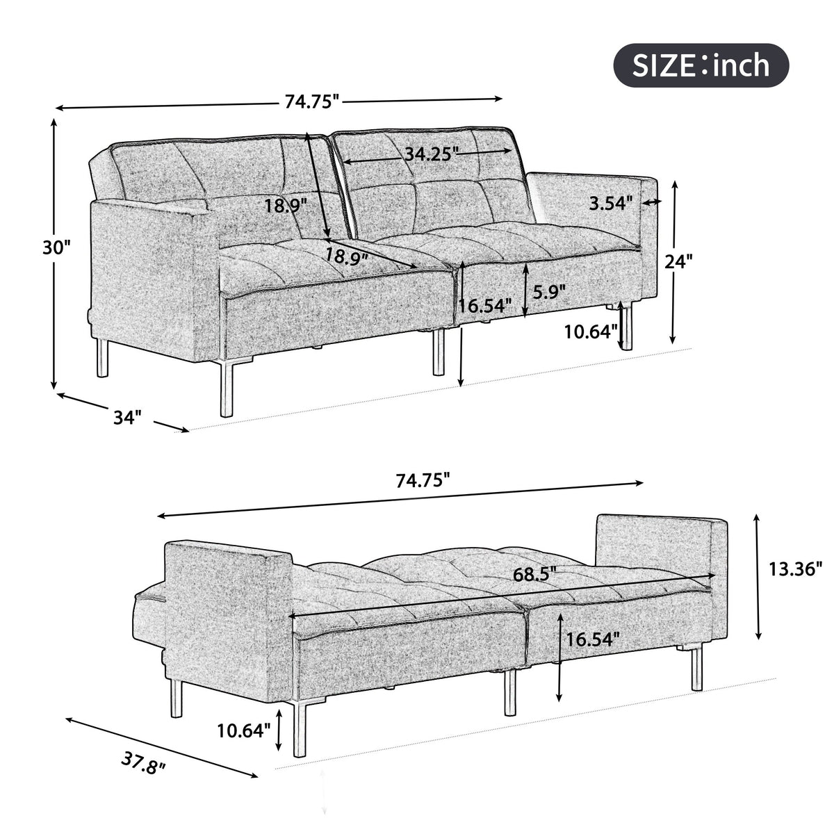 Dark Gray Linen Convertible Folding Futon Sofa Bed S6746
