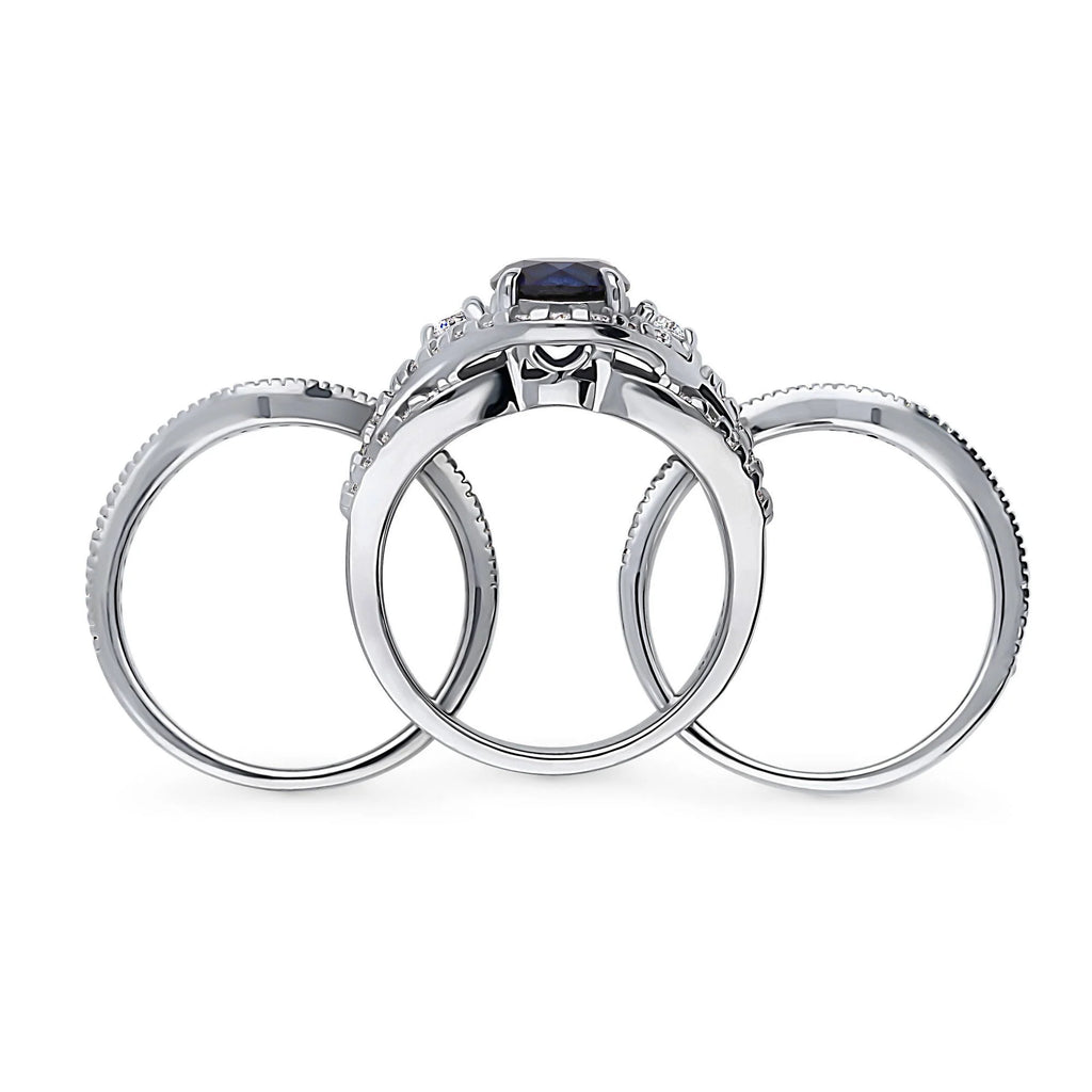 Sterling Silver Simulated Blue Sapphire CZ Halo Ring Set, Rhodium Plated Size 6 V87408