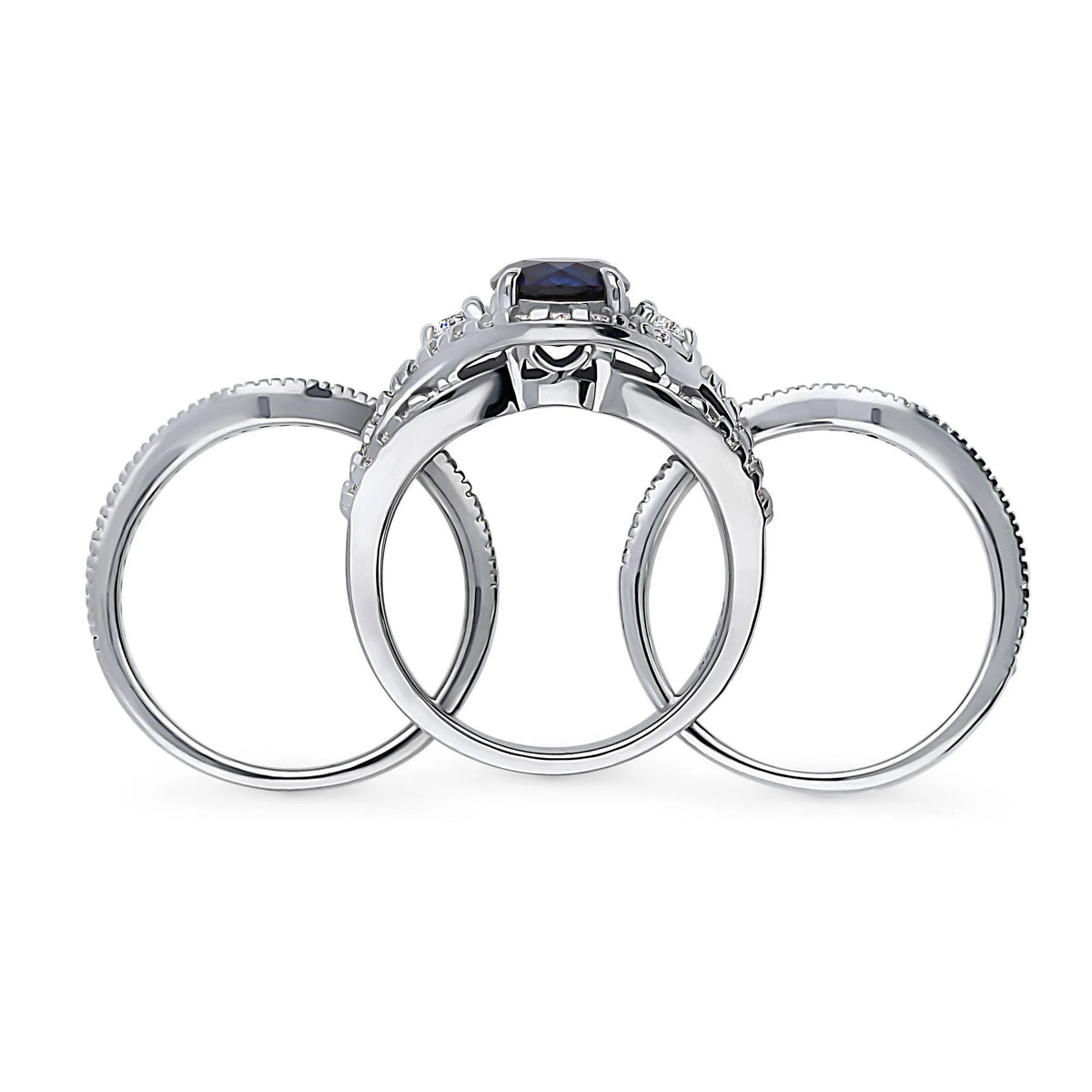 Sterling Silver Simulated Blue Sapphire CZ Halo Ring Set, Rhodium Plated Size 6 V87408