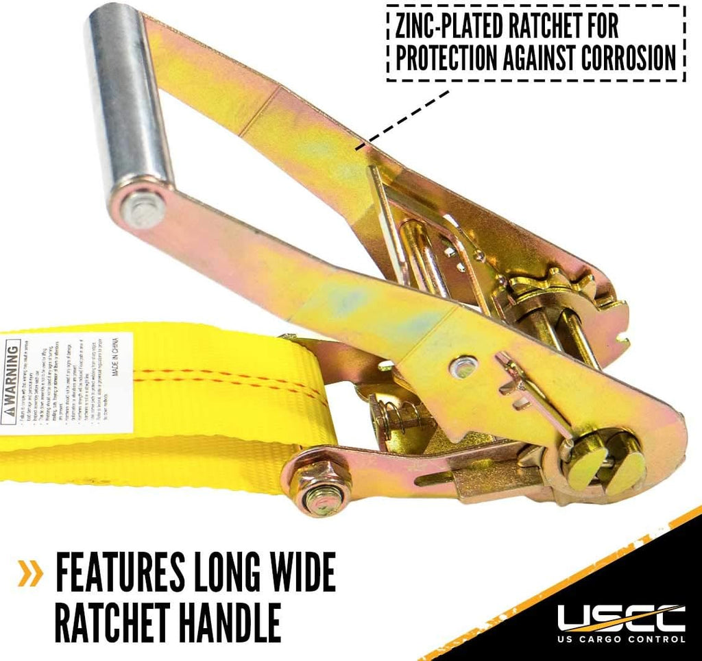 2 Inch x 12 Foot Yellow Ratchet Straps with Double J Hooks - 4 Pack U45784