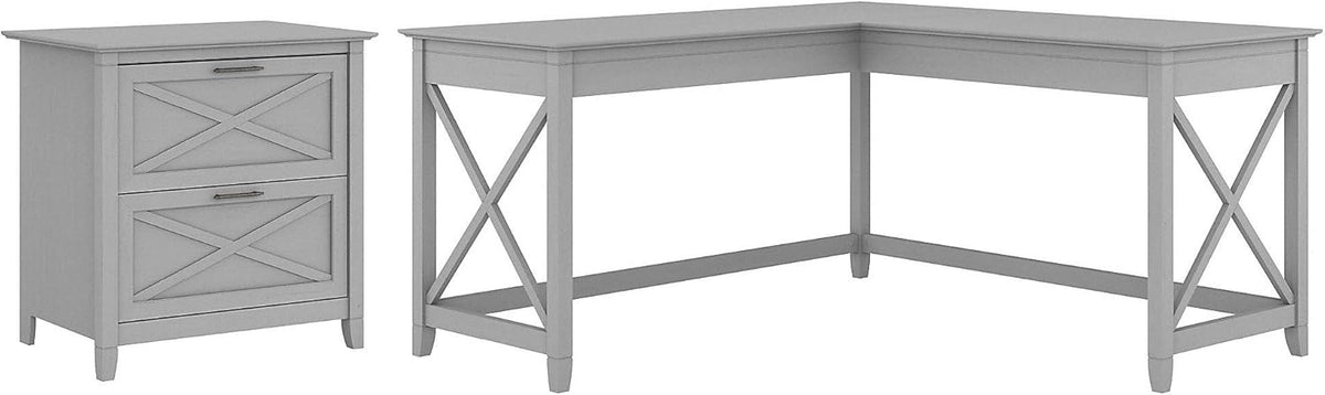Dark Gray Hickory L Shaped Desk with 2 Drawer Lateral File Cabinet T21189