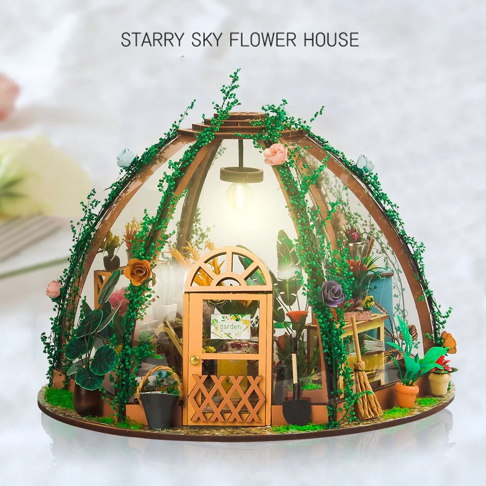 DIY Miniature Dollhouse Kit Wooden Flower Green House with LED Light V21379