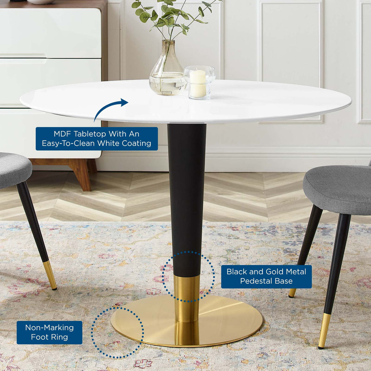 Oval Wood Metal Gold White Dining Table J312770