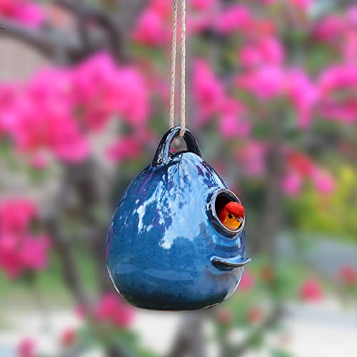 Blue Ceramic Hanging Birdhouse I6548