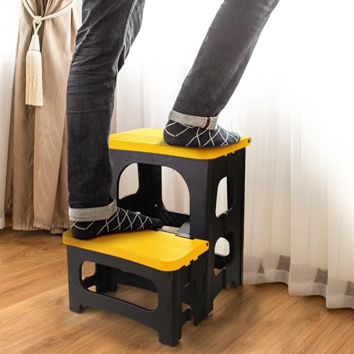 Folding 2-Step Stool, Non-Slip Portable Footstool 8" & 17" Dual Heights, Holds 300 lbs (Yellow) B549