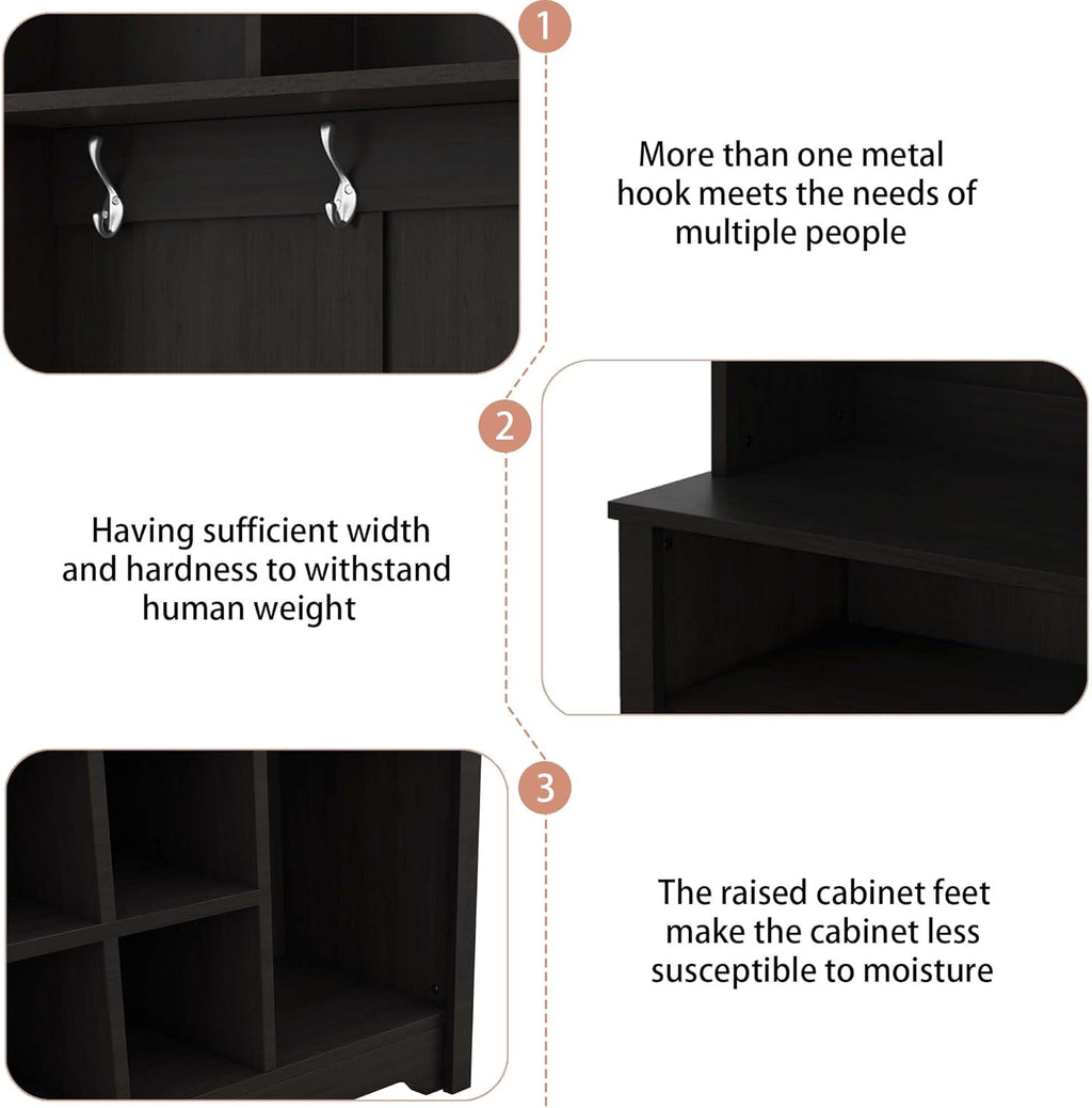 Freestanding Hall Tree with Metal Hooks and Storage Space, Black Coat Rack with Shoe Cubbies D649836