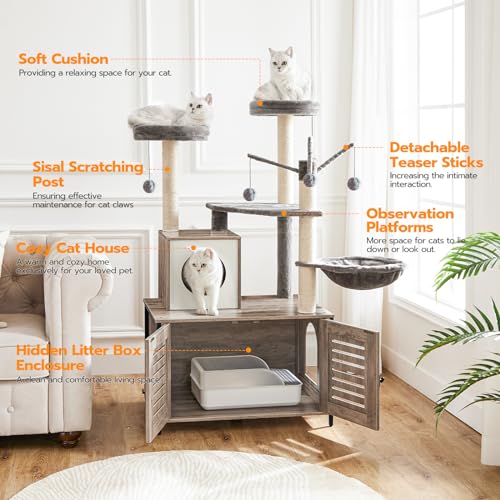 Greige Wooden Cat Tree with Litter Box Enclosure, 27.6" L x 18.9" W x 52" H Z988