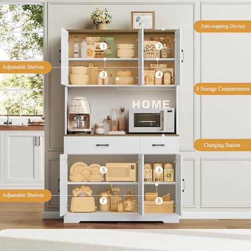 Black Tall Pantry Cabinet with Charging Station and Microwave Stand M31788