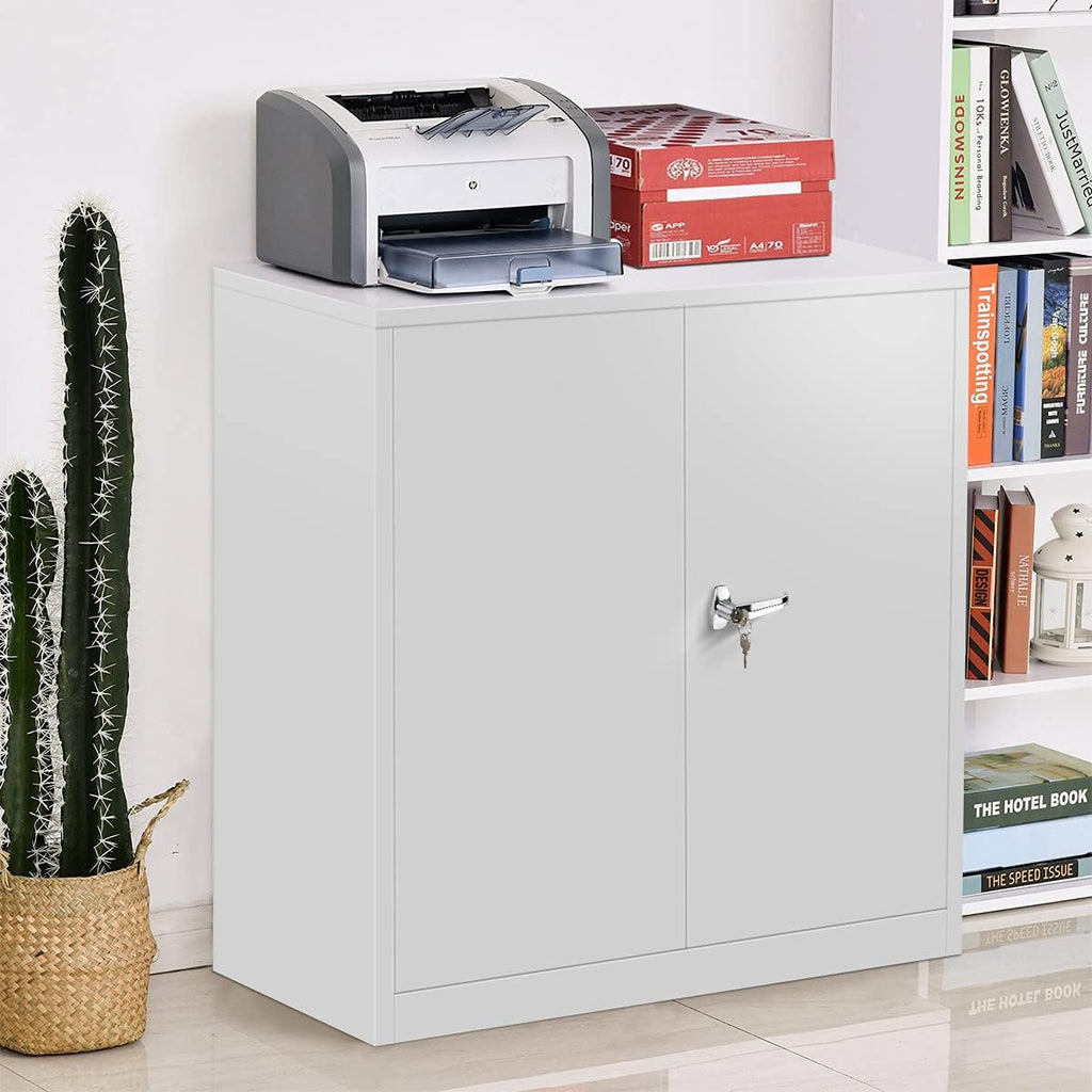 Tall White Lockable Steel Storage Cabinet with 2 Adjustable Shelves B7602