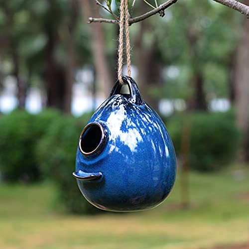 Blue Ceramic Hanging Birdhouse I6548