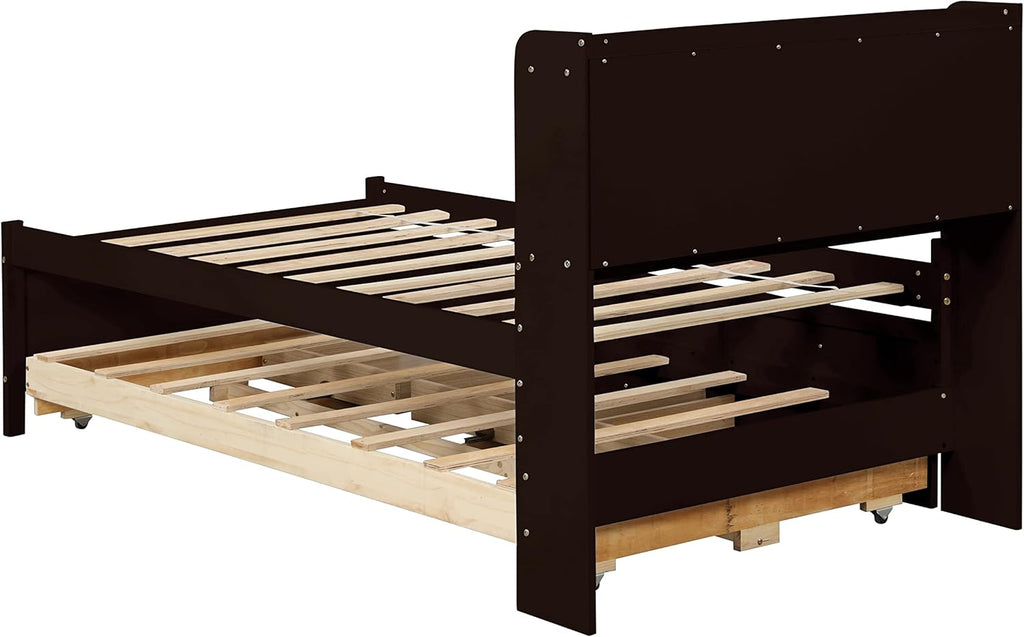 Twin Wood Captain’s Bed with Bookcase Headboard, Trundle and 3 Drawers, Espresso D734224