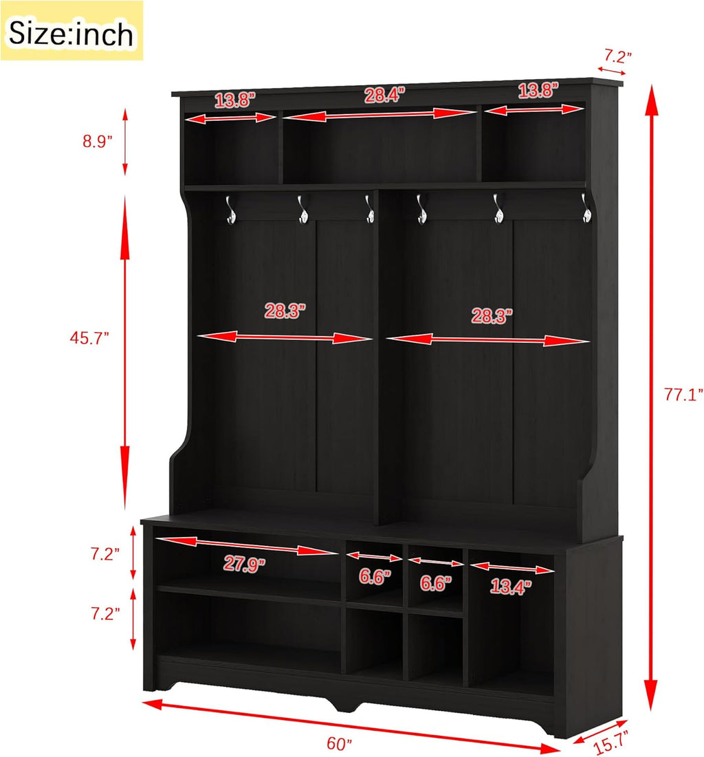 Freestanding Hall Tree with Metal Hooks and Storage Space, Black Coat Rack with Shoe Cubbies D649836