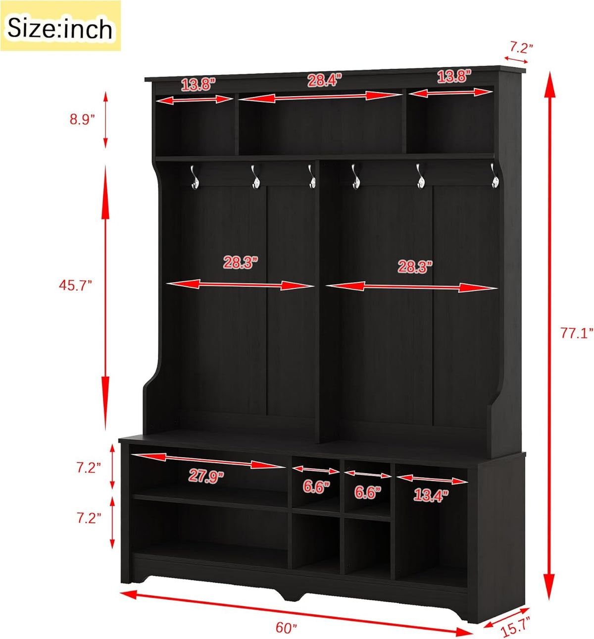 Freestanding Hall Tree with Metal Hooks and Storage Space, Black Coat Rack with Shoe Cubbies D649836