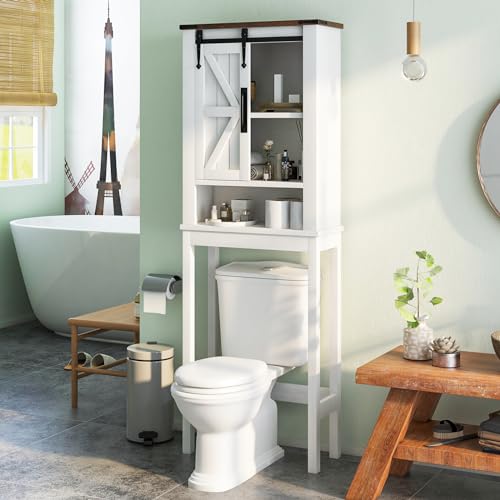 White Over The Toilet Storage Cabinet with Adjustable Shelves & Sliding Barn Doors V238788