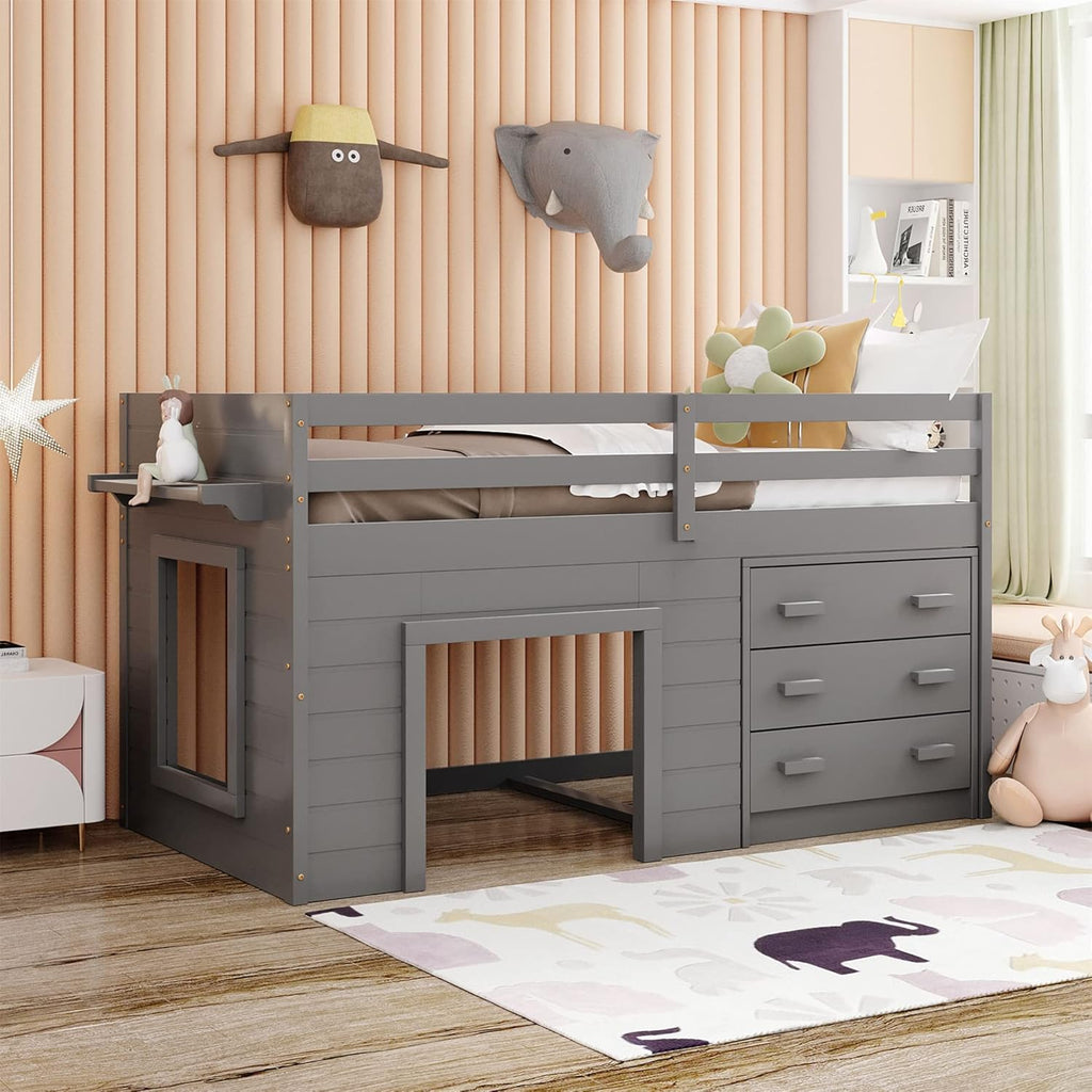 Grey Wooden Twin Loft Bed with Storage Drawers E691091