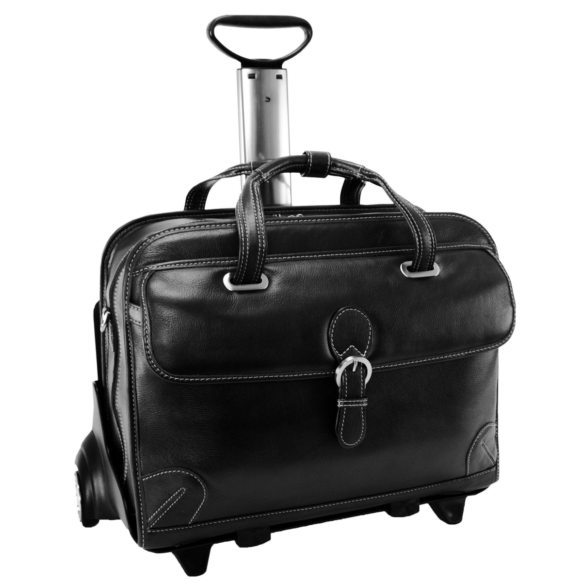 Black Leather Detachable Wheeled Laptop Case E92816