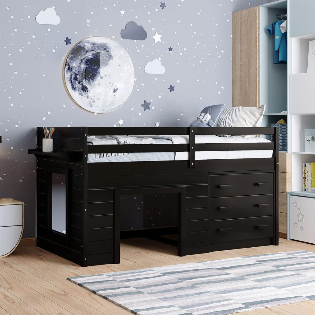 Grey Wooden Twin Loft Bed with Storage Drawers E691091
