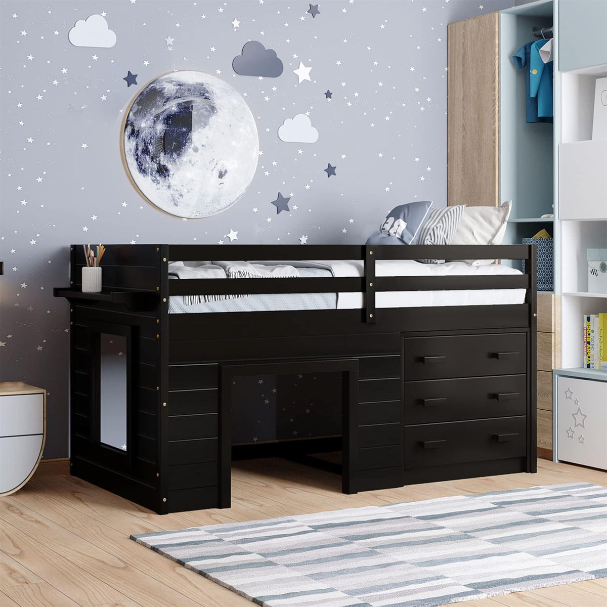 Grey Wooden Twin Loft Bed with Storage Drawers E691091